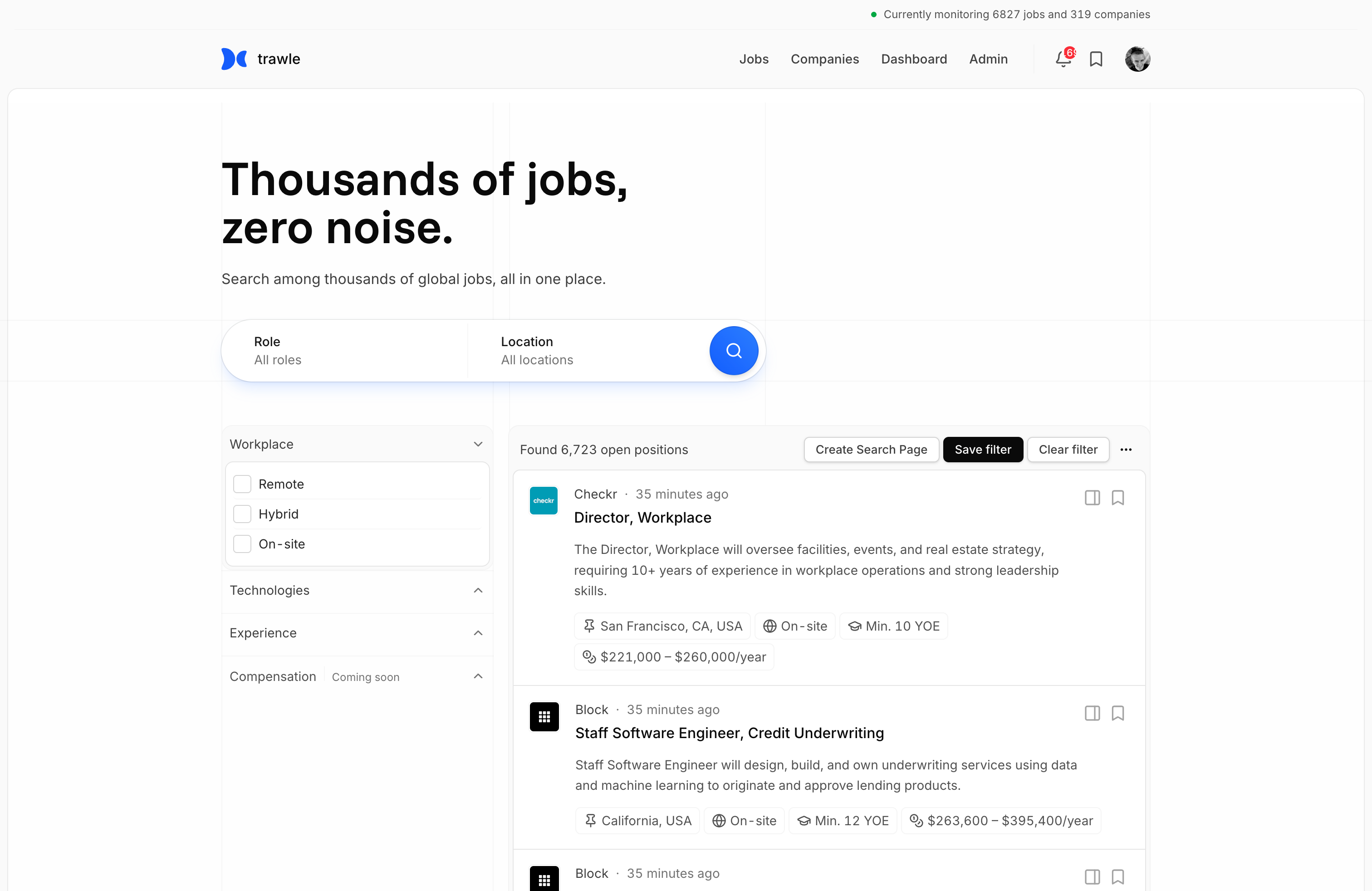 Screenshot of the Trawle job search platform.